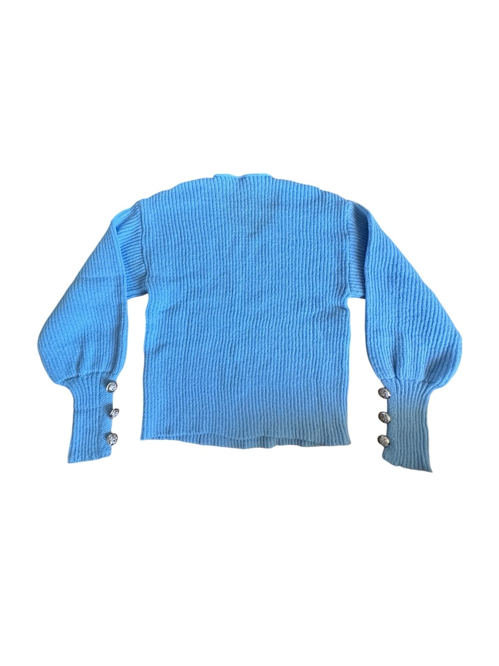 NWOT FME Light Blue Ribbed V-Neck Sweater Gold Button Cuff Detail Buttery Soft